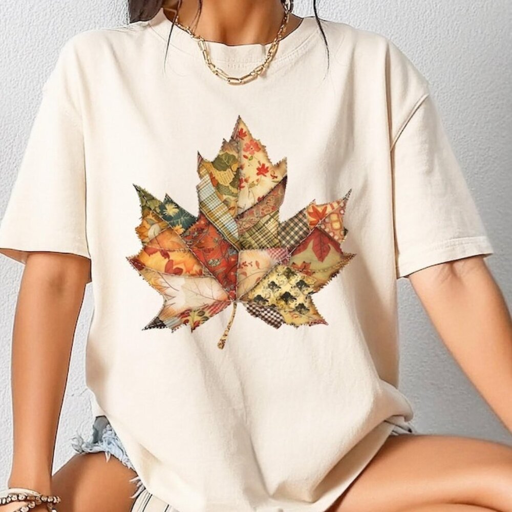 Retro Patchwork Fall Leaf Shirt, Autumn Leaf Shirt